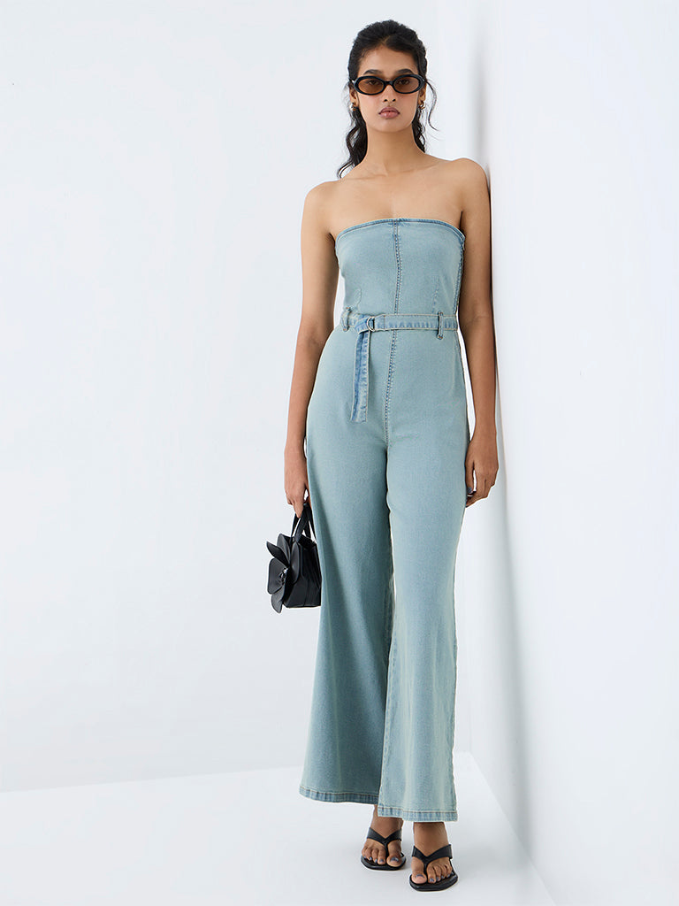 Nuon Light Blue Off-Shoulder Denim Jumpsuit with Belt