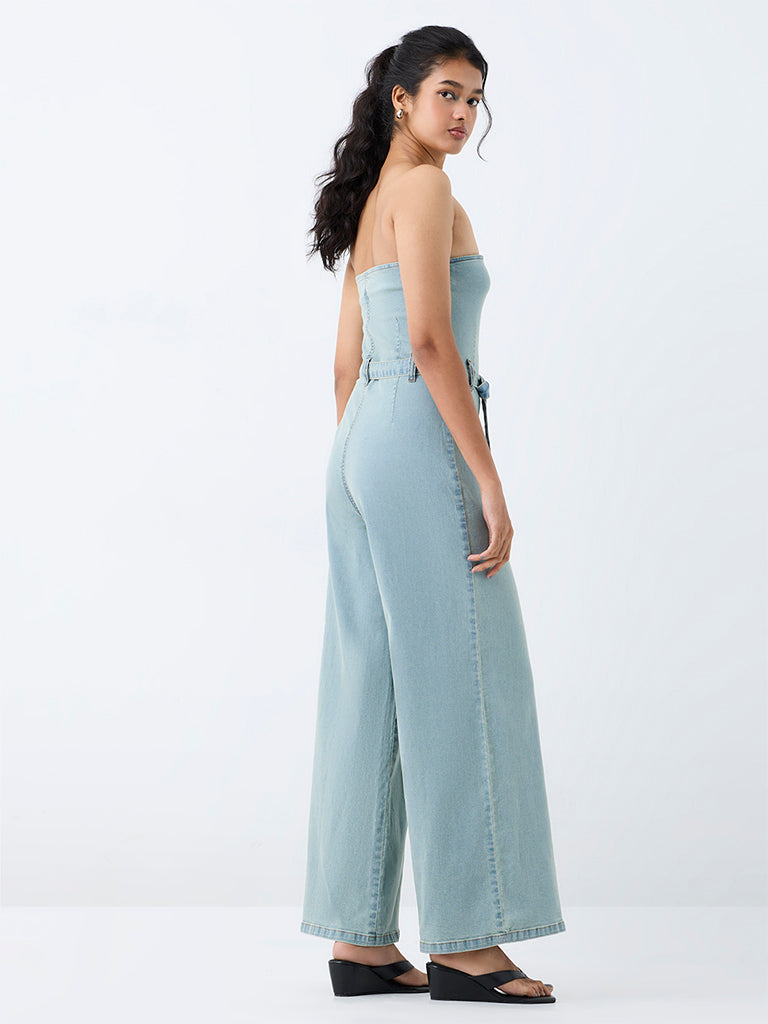 Nuon Light Blue Off-Shoulder Denim Jumpsuit with Belt
