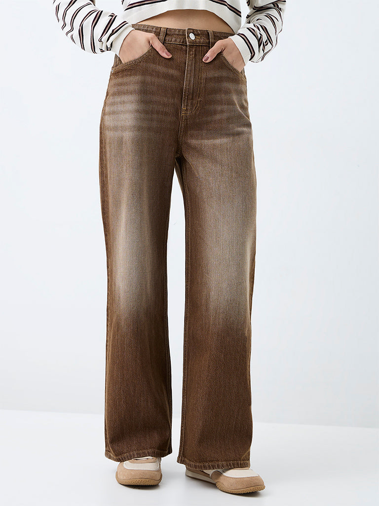 Nuon Brown Wash High-Waist Straight Jeans