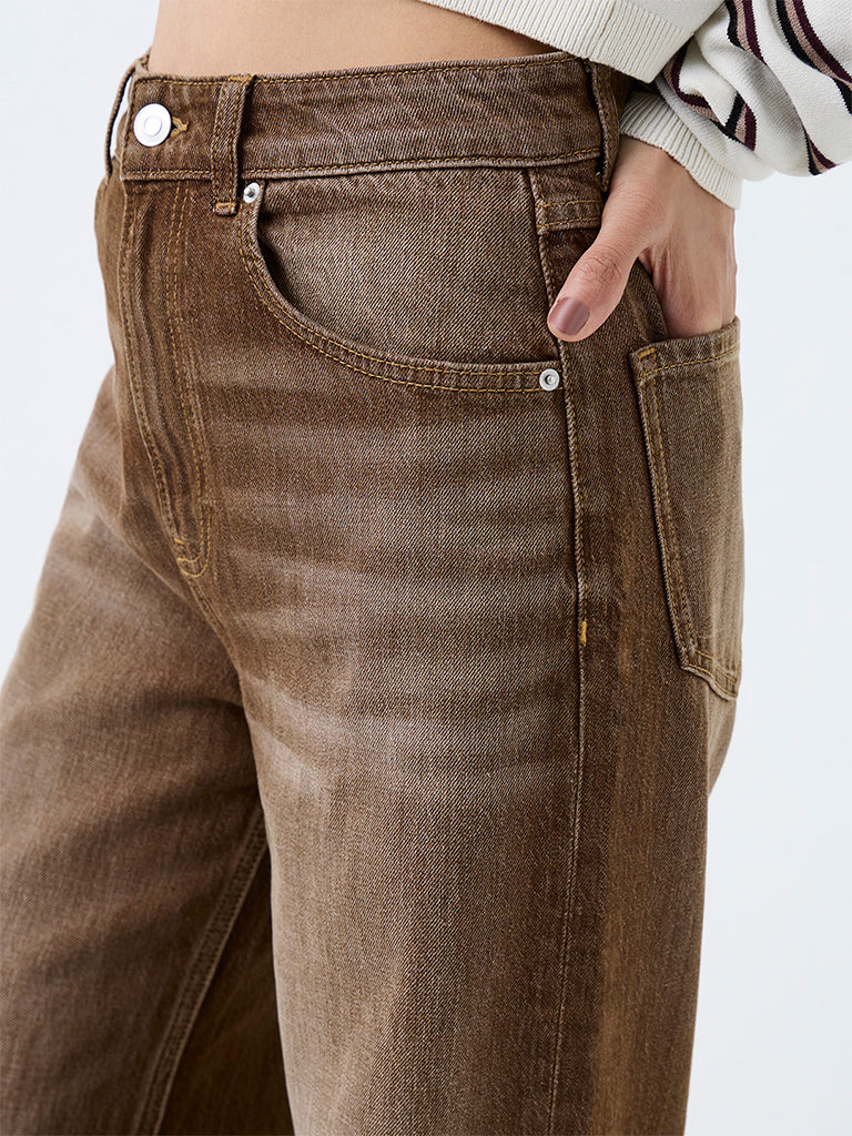 Nuon Brown Wash High-Waist Straight Jeans
