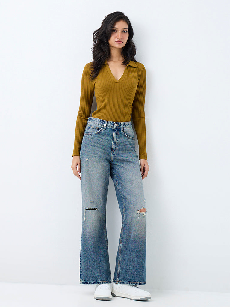 Nuon Blue Light Wash Distressed Details High-Rise Straight Jeans
