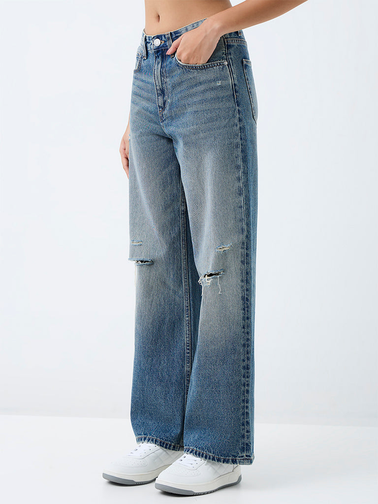 Nuon Blue Light Wash Distressed Details High-Rise Straight Jeans