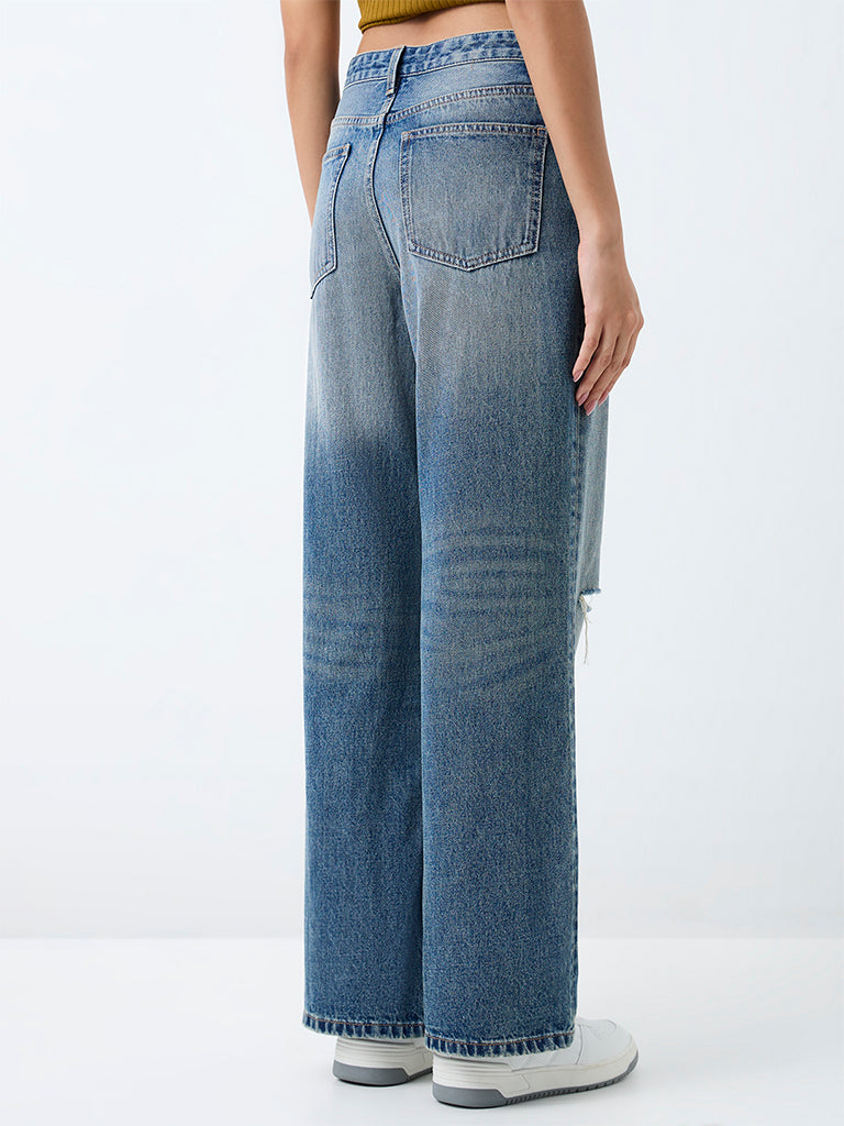 Nuon Blue Light Wash Distressed Details High-Rise Straight Jeans