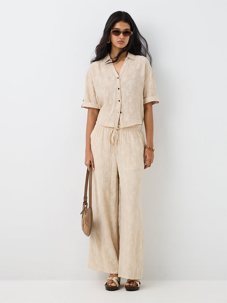 LOV Light Beige Floral Jacquard Cotton-Blend Shirt