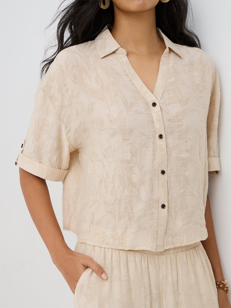 LOV Light Beige Floral Jacquard Cotton-Blend Shirt