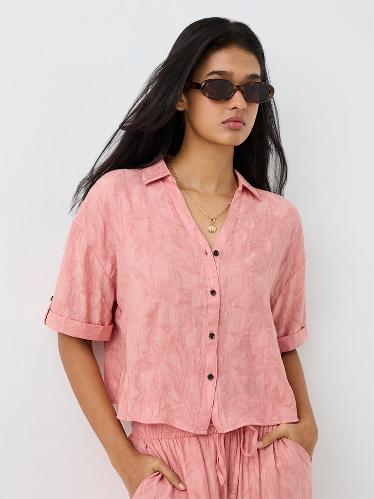 LOV Pink Floral Jacquard Cotton-Blend Shirt