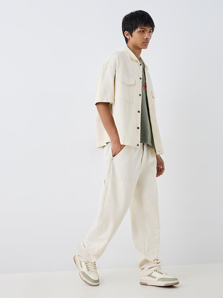 Nuon Off-White Solid Boxy-Fit Denim Shirt