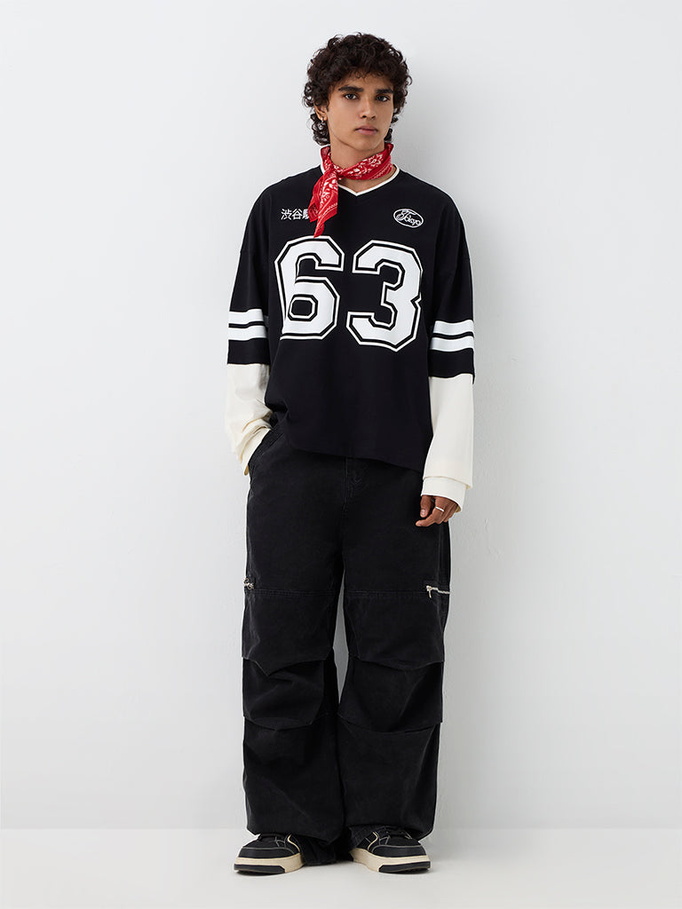 Nuon Black Numerical Printed Oversized-Fit Cotton T-Shirt