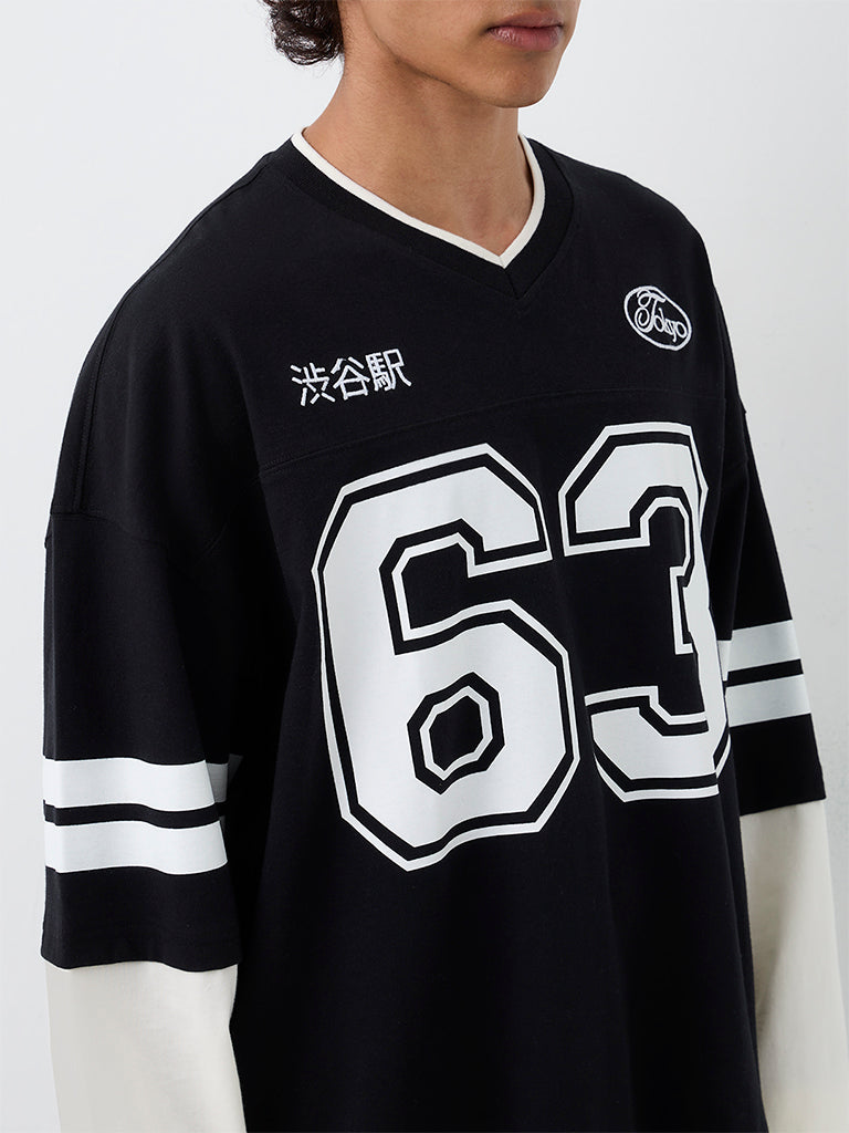 Nuon Black Numerical Printed Oversized-Fit Cotton T-Shirt