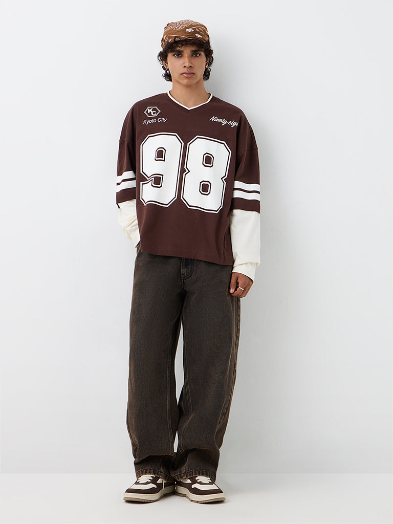Nuon Dark Brown Numerical Printed Oversized-Fit Cotton T-Shirt