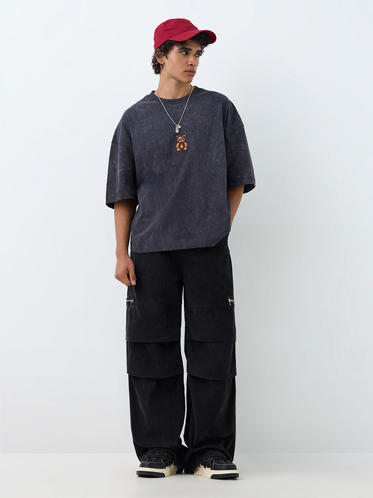 Nuon Charcoal Teddy Embroidered Oversized-Fit Cotton T-Shirt
