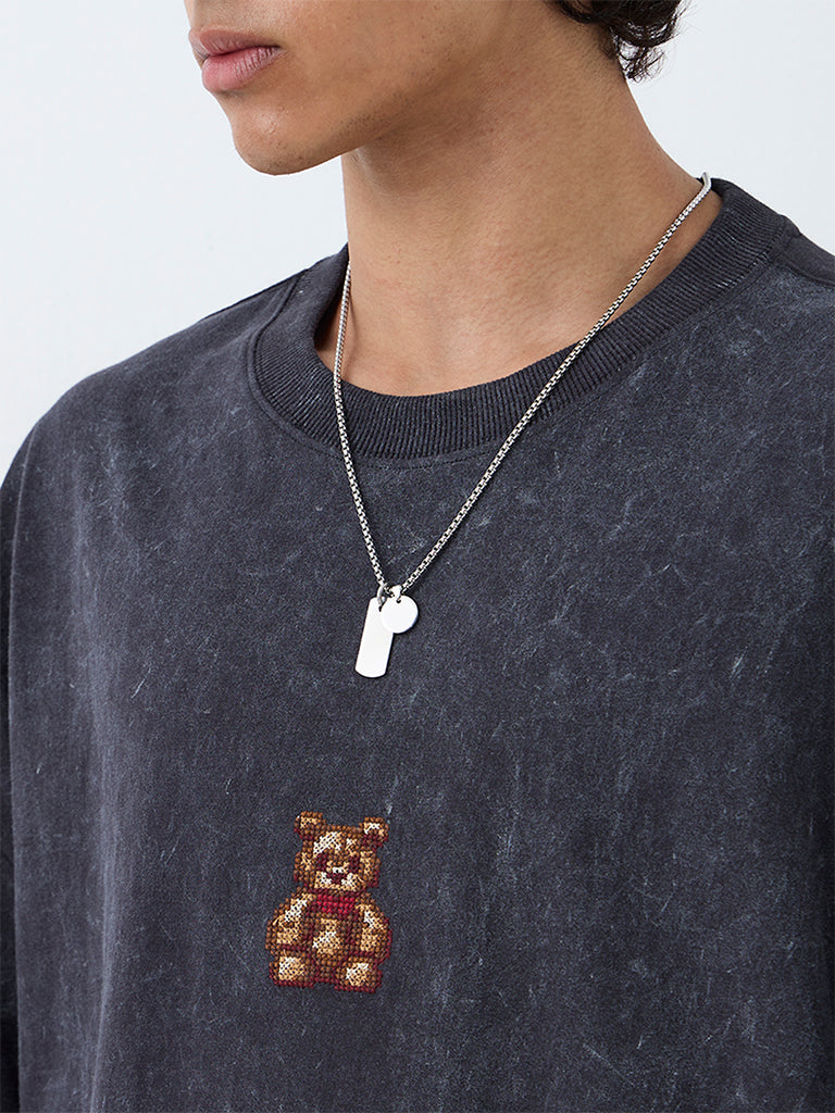 Nuon Charcoal Teddy Embroidered Oversized-Fit Cotton T-Shirt