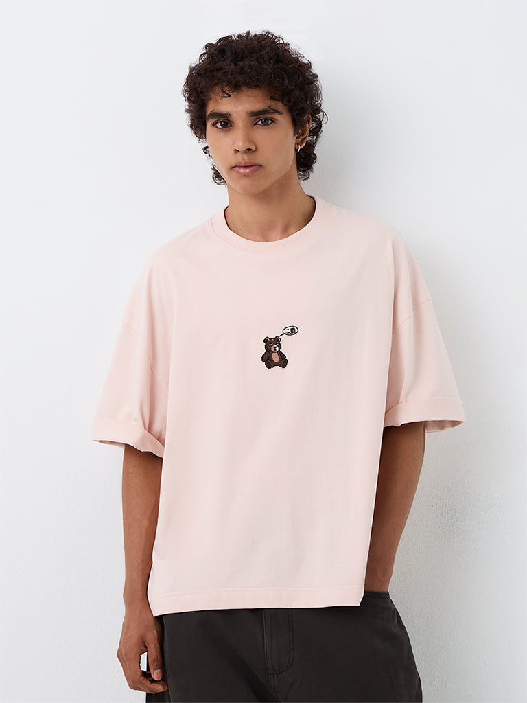 Nuon Light Pink Teddy Embroidered Oversized-Fit Cotton T-Shirt