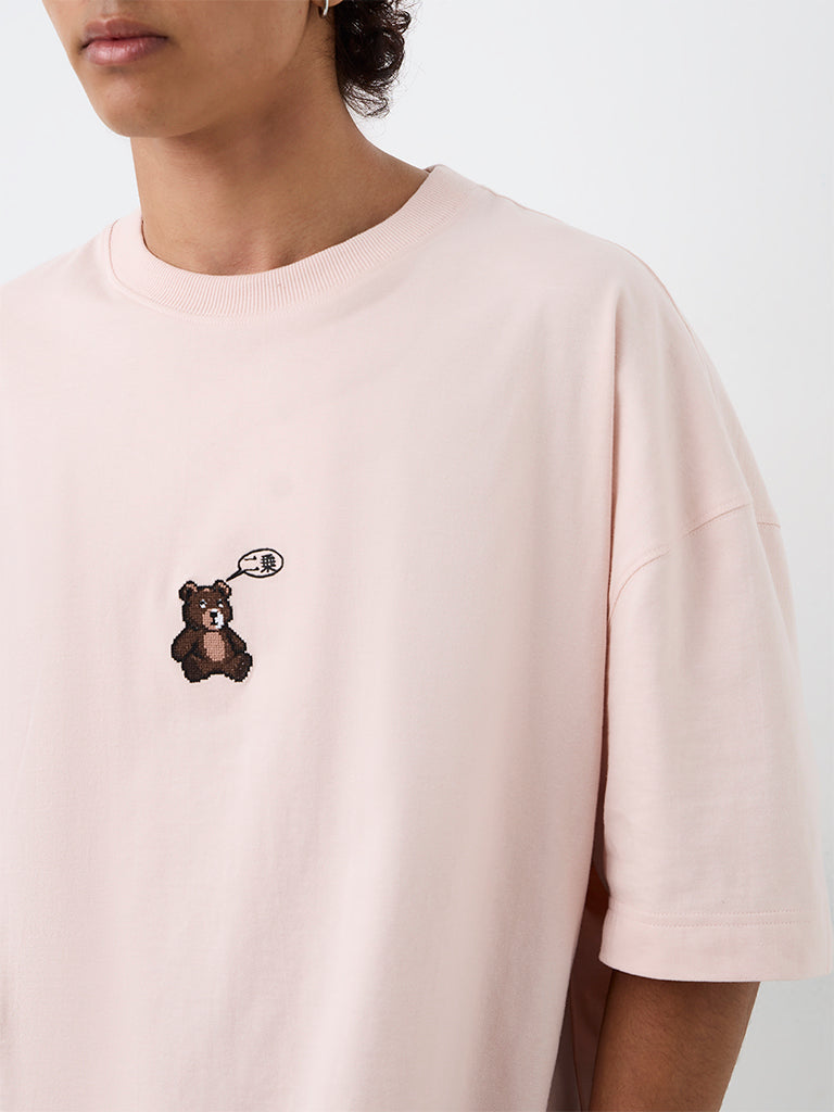 Nuon Light Pink Teddy Embroidered Oversized-Fit Cotton T-Shirt