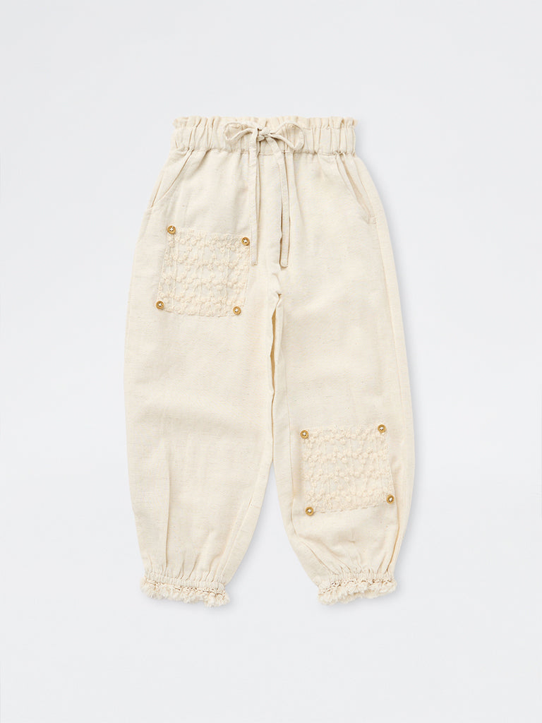 HOP Kids Girls Beige Floral Embroidered High-Rise Joggers