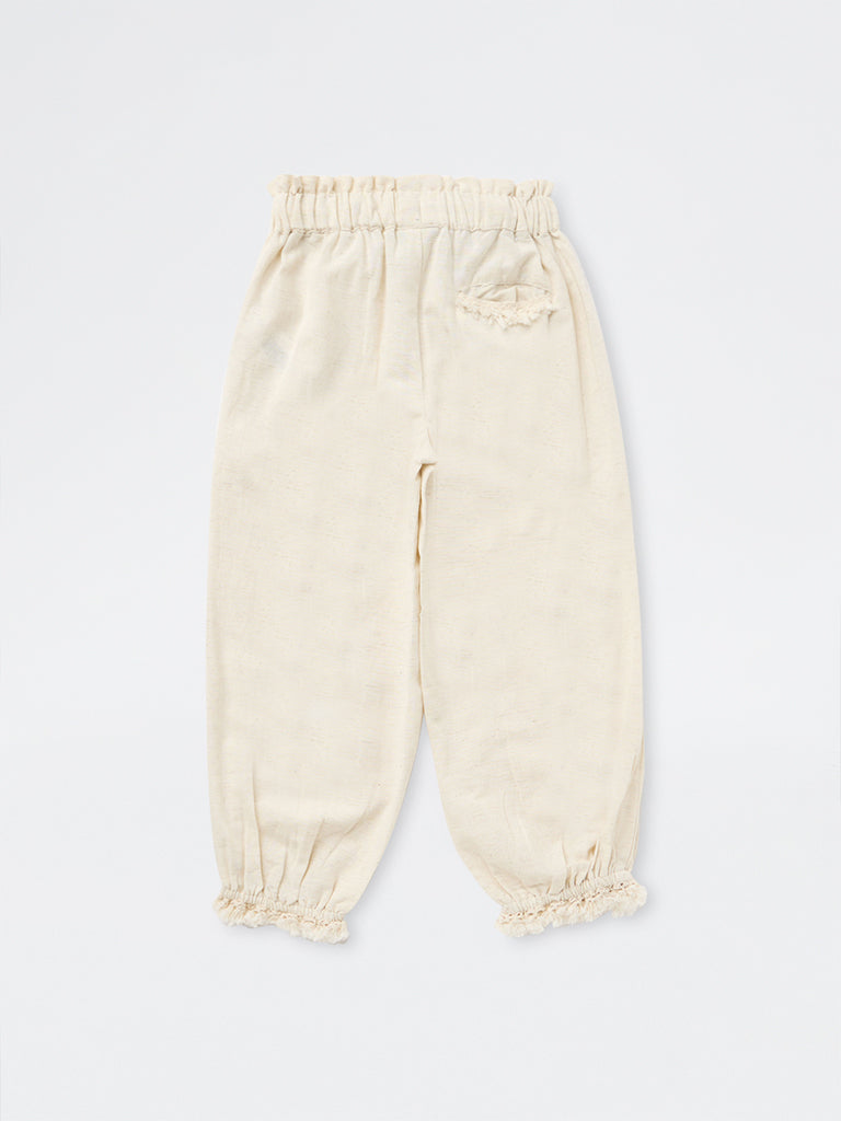HOP Kids Girls Beige Floral Embroidered High-Rise Joggers