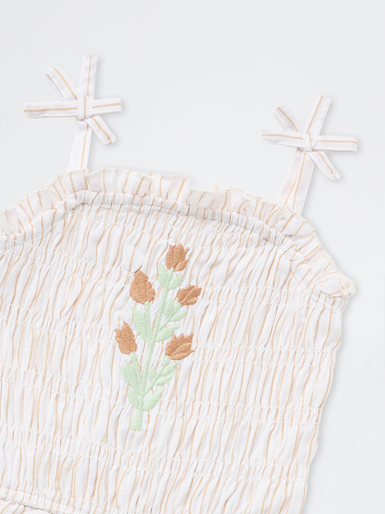 HOP Kids Girls Off-White Floral Embroidered Smocked Top