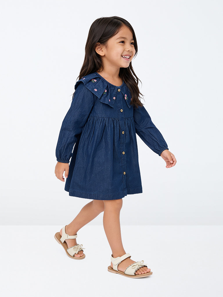 HOP Kids Girls Dark Blue Floral Embroidered A-Line Denim Dress