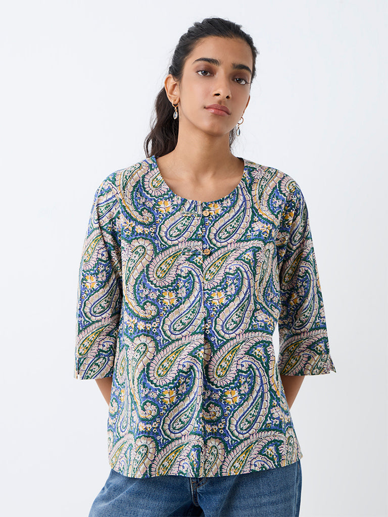 Utsa Blue Paisley Printed Cotton Tunic