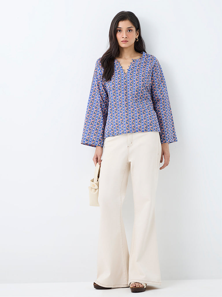 Utsa Blue Floral Pattern Cotton Top
