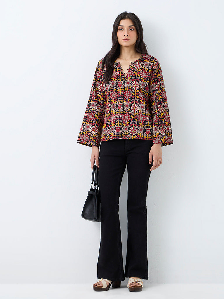 Utsa Red Floral Pattern Cotton Top