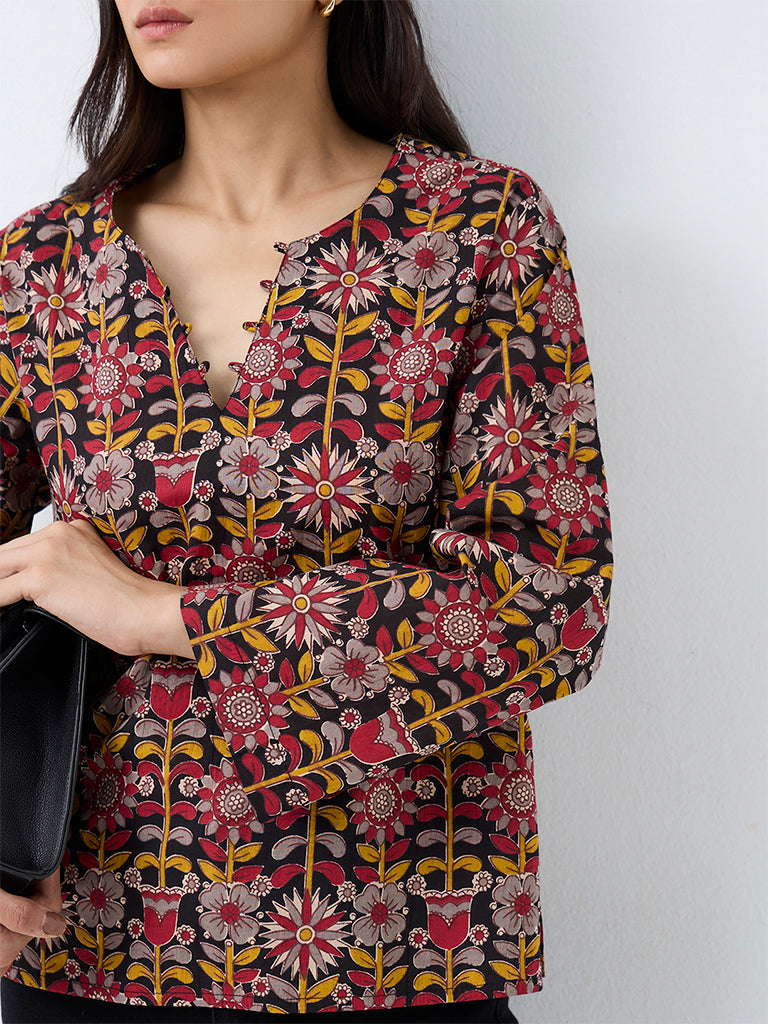 Utsa Red Floral Pattern Cotton Top
