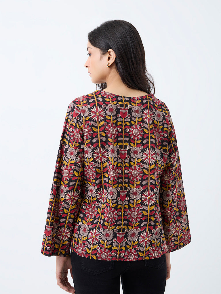 Utsa Red Floral Pattern Cotton Top