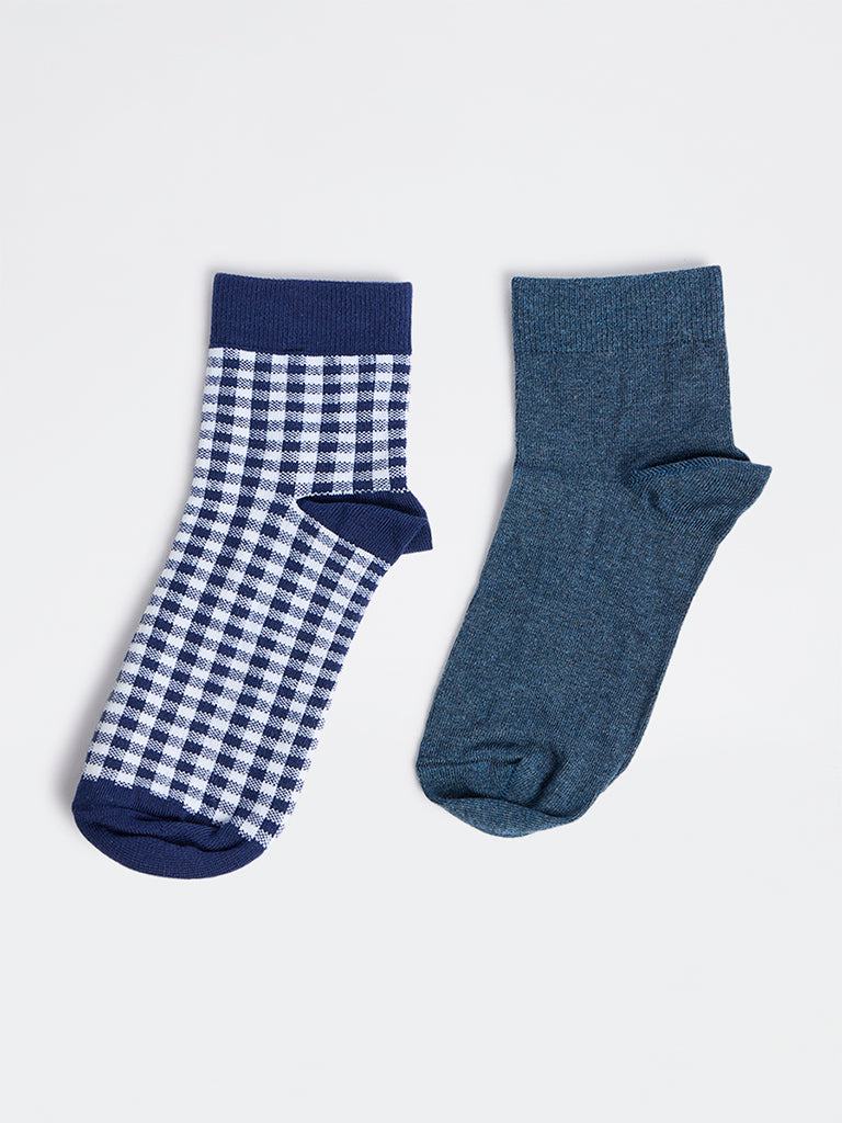 Superstar Navy Gingham Checkered Cotton-Blend Ankle Socks - Pack of 2