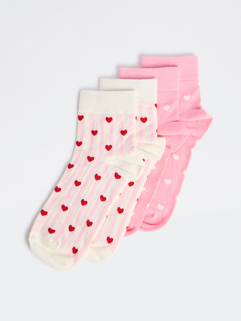 Superstar Pink Heart Printed Cotton-Blend Ankle Socks - Pack of 2