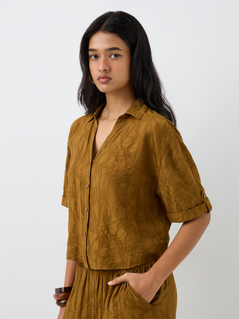 LOV Dark Mustard Floral Jacquard Shirt