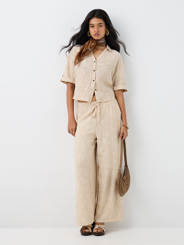 LOV Light Beige Floral Jacquard High-Rise Cotton-Blend Trousers