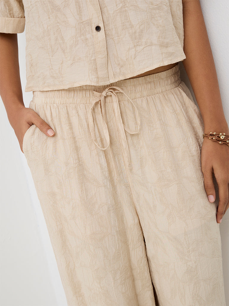 LOV Light Beige Floral Jacquard High-Rise Cotton-Blend Trousers