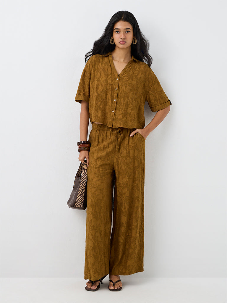 LOV Dark Mustard Floral Jacquard High-Rise Trousers