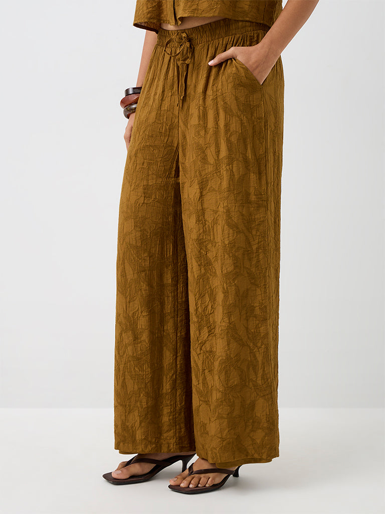 LOV Dark Mustard Floral Jacquard High-Rise Trousers