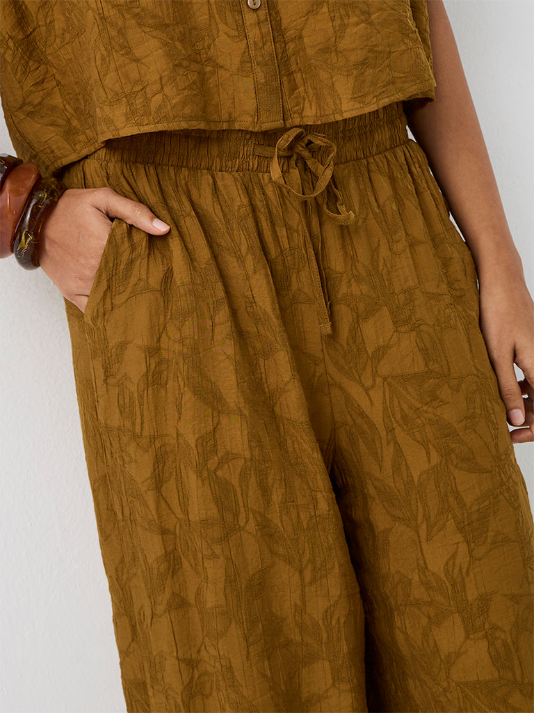 LOV Dark Mustard Floral Jacquard High-Rise Trousers