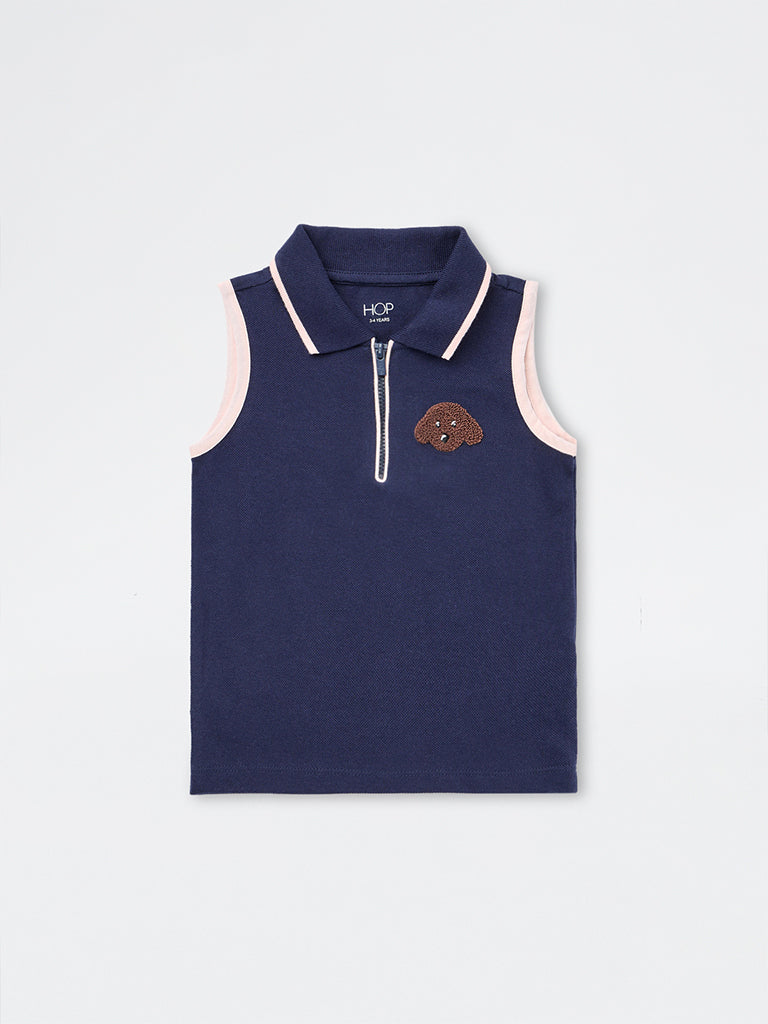 HOP Kids Girls Navy Quarter-Zip Cotton Polo T-Shirt