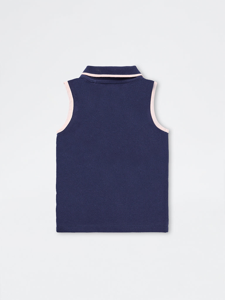 HOP Kids Girls Navy Quarter-Zip Cotton Polo T-Shirt