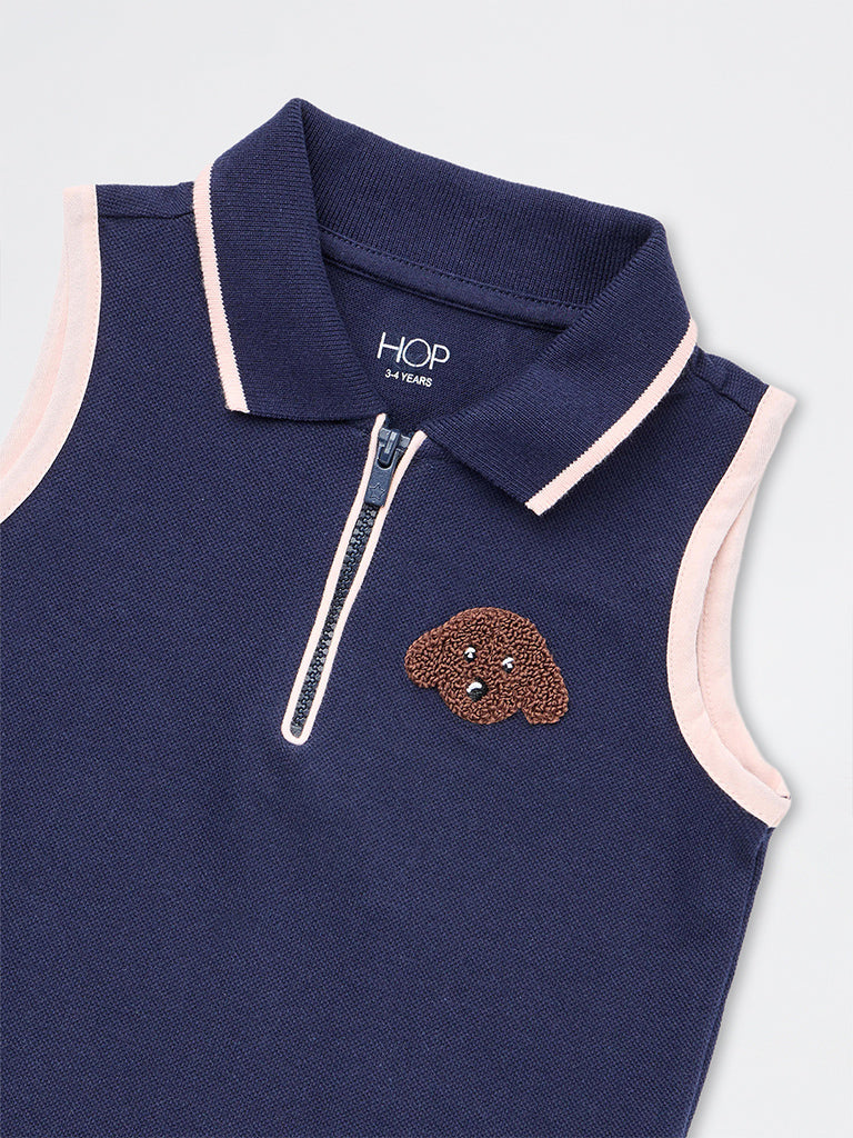 HOP Kids Girls Navy Quarter-Zip Cotton Polo T-Shirt