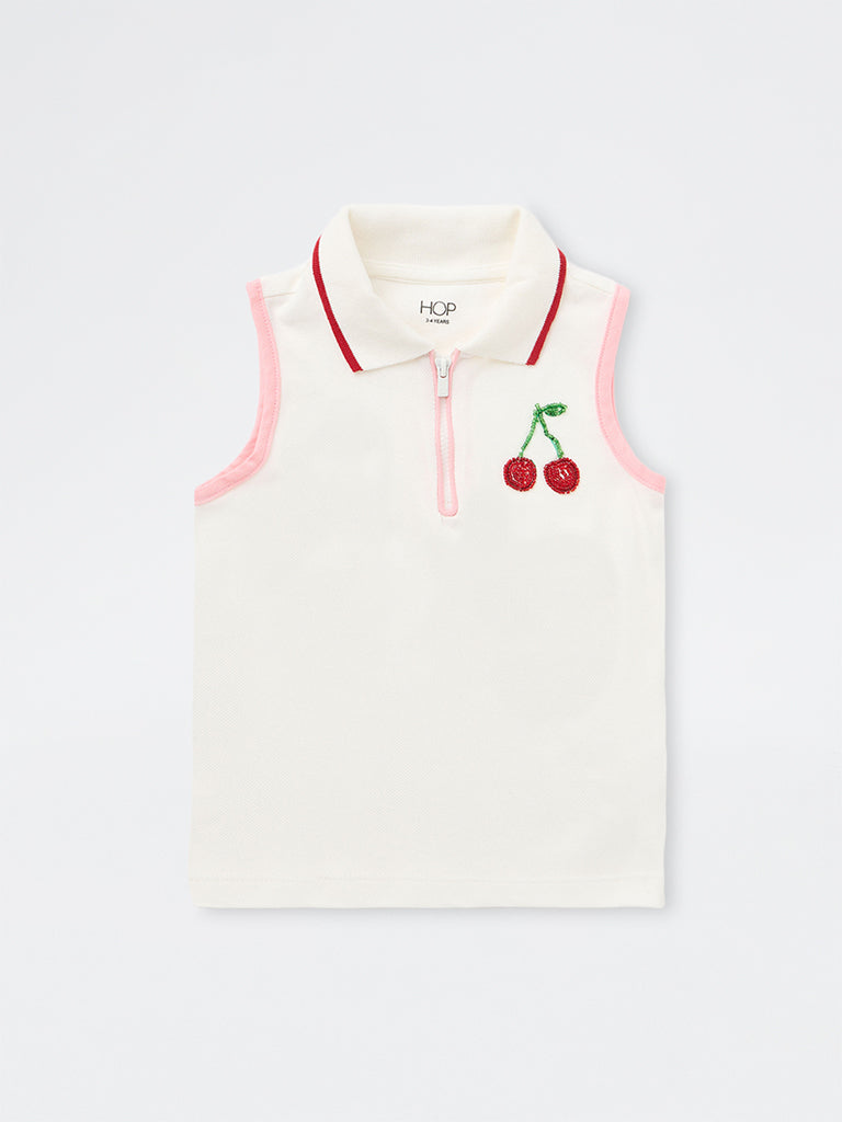 HOP Kids Girls Off-White Cherry Embellished Cotton Polo T-Shirt