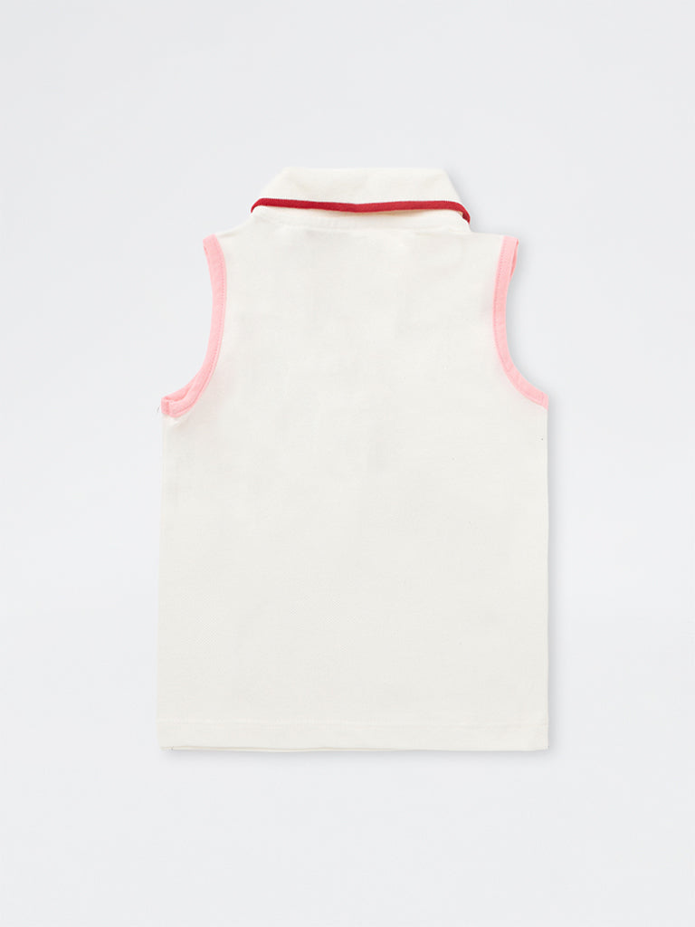 HOP Kids Girls Off-White Cherry Embellished Cotton Polo T-Shirt