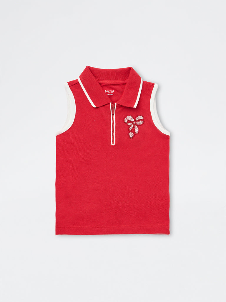 HOP Kids Girls Red Quarter-Zip Cotton Polo T-Shirt