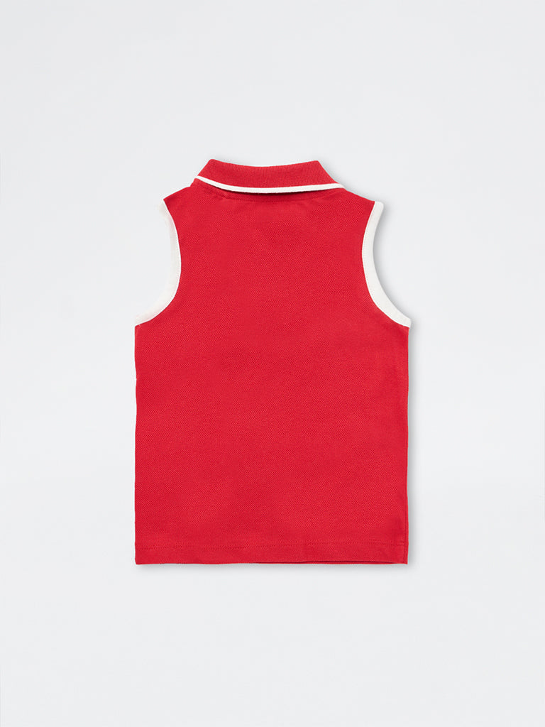 HOP Kids Girls Red Quarter-Zip Cotton Polo T-Shirt