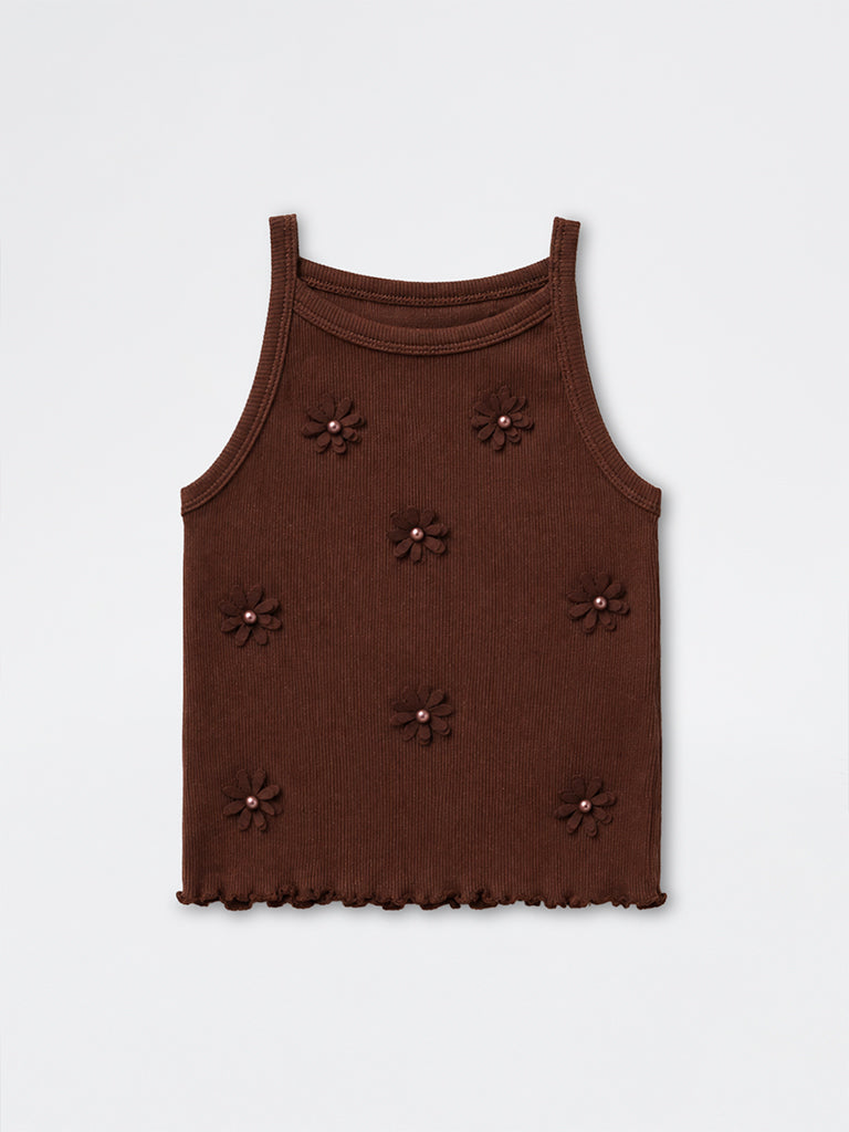 HOP Kids Girls Brown Floral Appliqué Cotton-Blend Top
