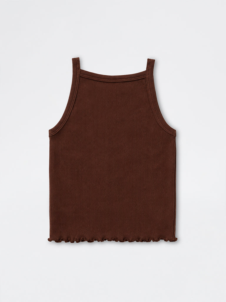 HOP Kids Girls Brown Floral Appliqué Cotton-Blend Top