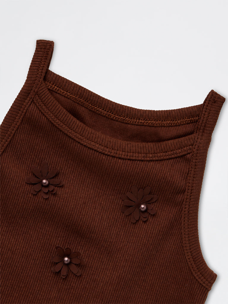 HOP Kids Girls Brown Floral Appliqué Cotton-Blend Top