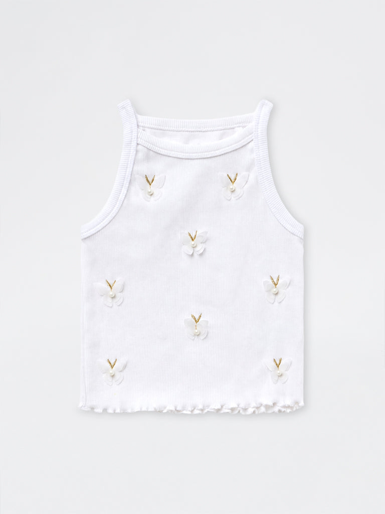 HOP Kids Girls White Butterfly Appliqué Cotton-Blend Top