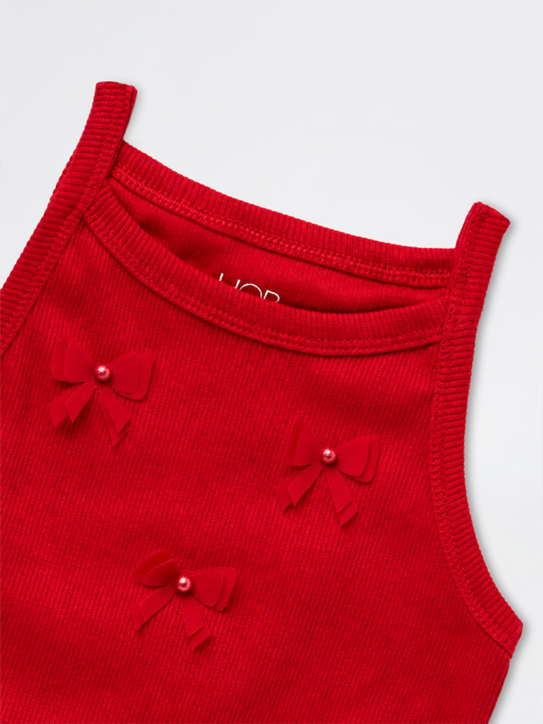 HOP Kids Girls Red Bow Applique Cotton-Blend Top