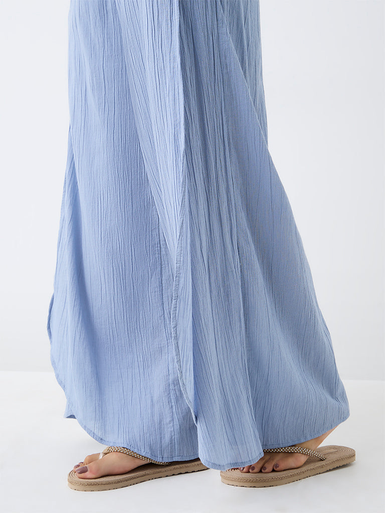 Bombay Paisley Light Blue Crinkle-Textured High-Rise Cotton Pants