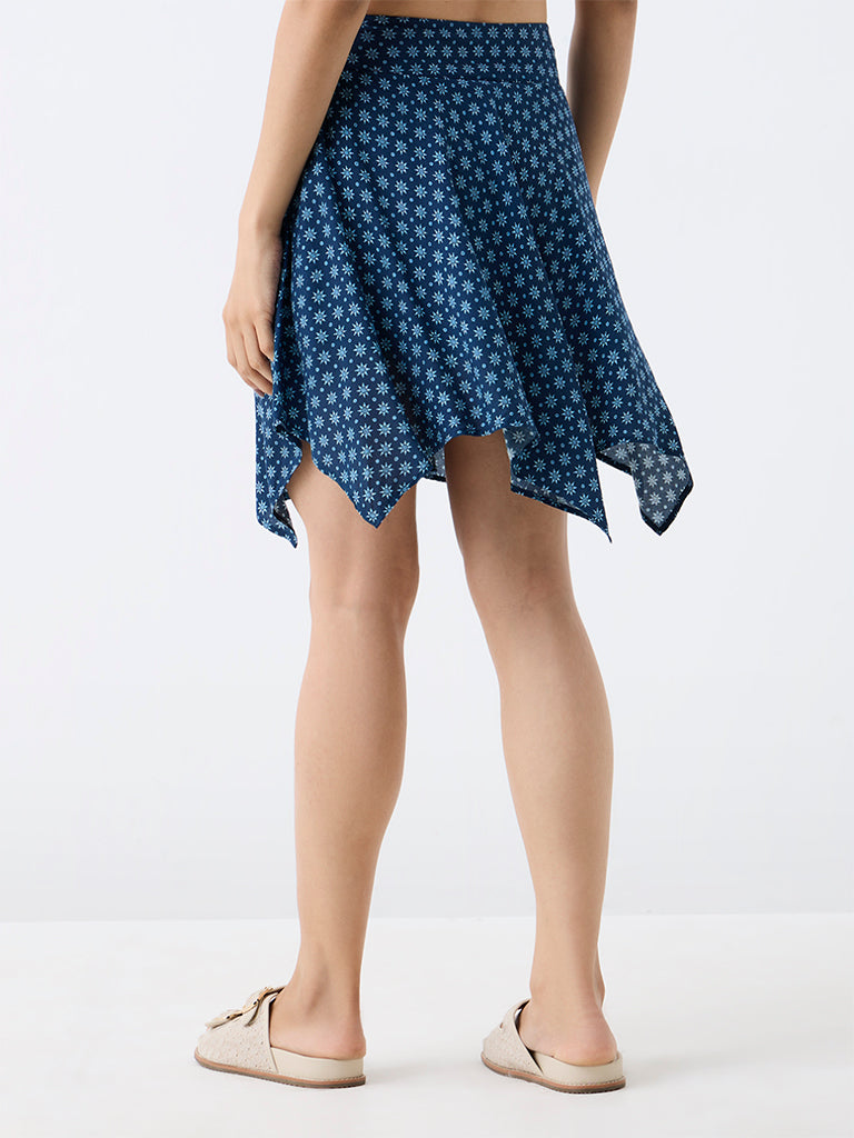 Bombay Paisley Indigo Printed Belt-Detail High-Rise Cotton-Blend Skirt