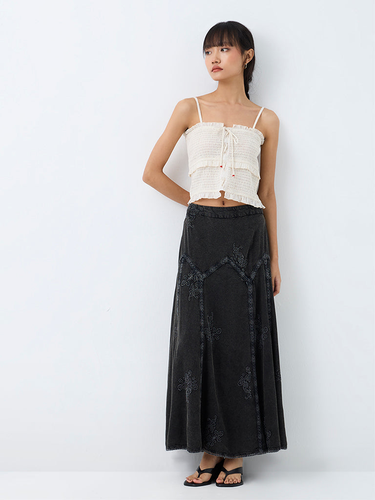 Bombay Paisley Black Floral Embroidered High-Rise Maxi Skirt